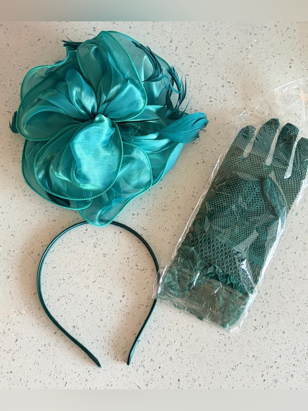 New Teal Floral Feather Fascinator Headband with Matching Lace Gloves